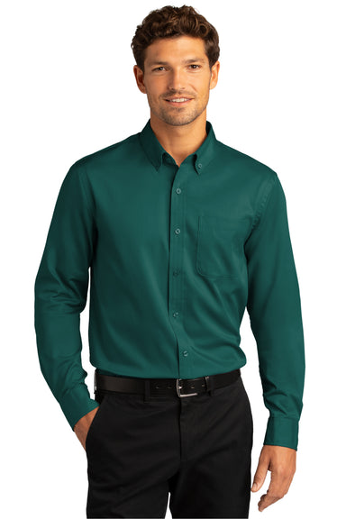 Port Authority Mens SuperPro Wrinkle Resistant React Long Sleeve Button Down Shirt w/ Pocket Marine Green Front