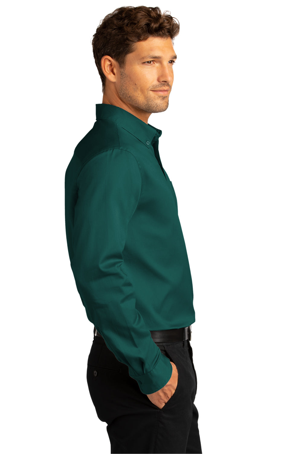 Port Authority Mens SuperPro Wrinkle Resistant React Long Sleeve Button Down Shirt w/ Pocket Marine Green Side
