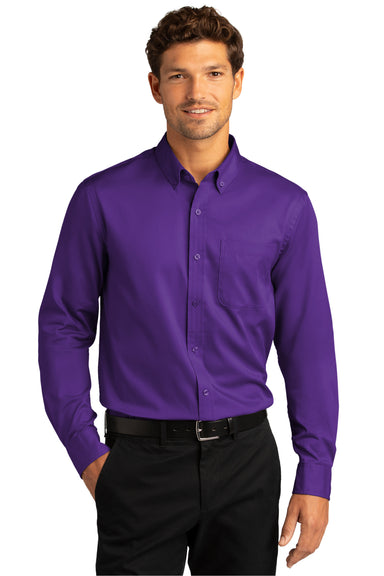 Port Authority Mens SuperPro Wrinkle Resistant React Long Sleeve Button Down Shirt w/ Pocket Purple Front