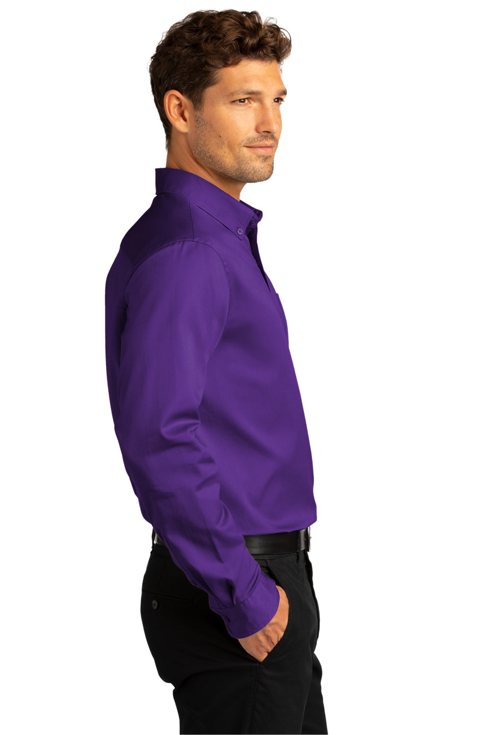Port Authority Mens SuperPro Wrinkle Resistant React Long Sleeve Button Down Shirt w/ Pocket Purple Side