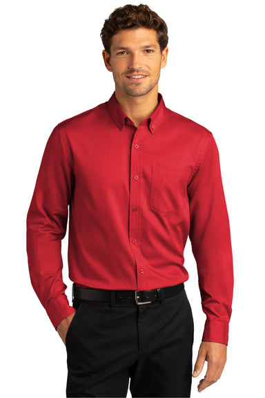 Port Authority Mens SuperPro Wrinkle Resistant React Long Sleeve Button Down Shirt w/ Pocket Rich Red Front
