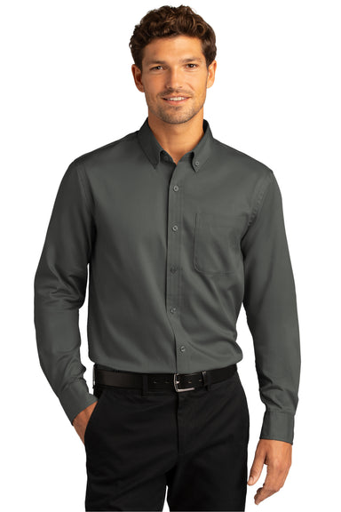 Port Authority Mens SuperPro Wrinkle Resistant React Long Sleeve Button Down Shirt w/ Pocket Storm Grey Front