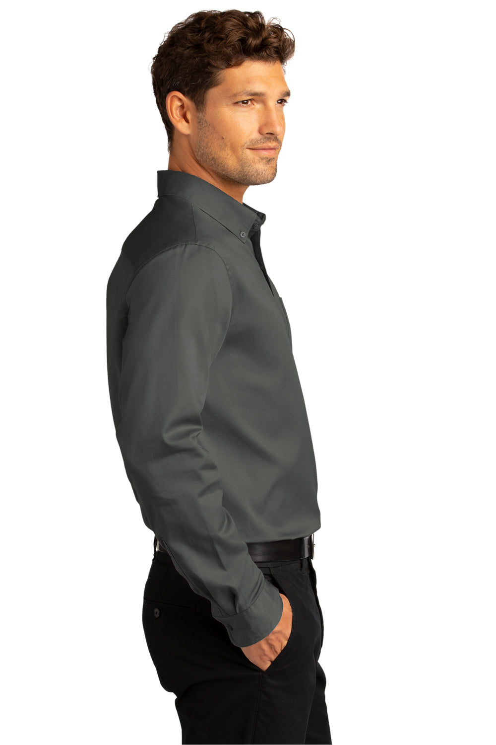 Port Authority Mens SuperPro Wrinkle Resistant React Long Sleeve Button Down Shirt w/ Pocket Storm Grey Side