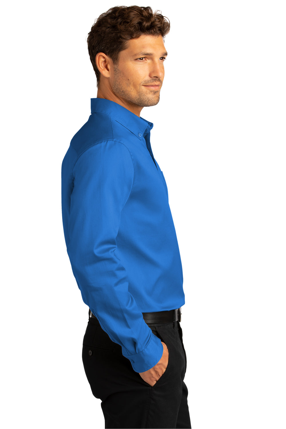 Port Authority Mens SuperPro Wrinkle Resistant React Long Sleeve Button Down Shirt w/ Pocket Strong Blue Side