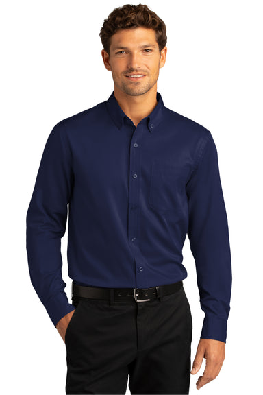 Port Authority Mens SuperPro Wrinkle Resistant React Long Sleeve Button Down Shirt w/ Pocket True Navy Blue Front