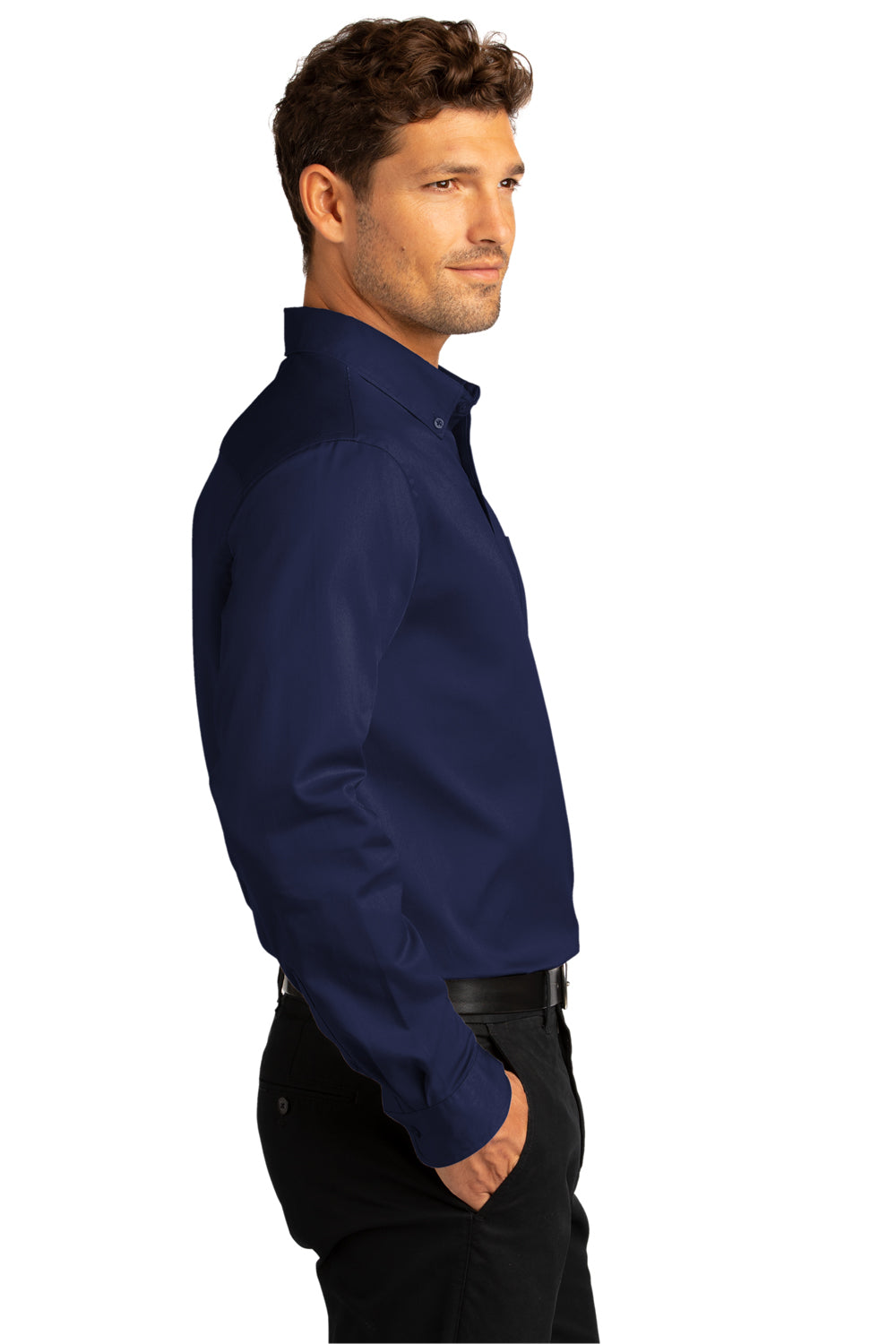 Port Authority Mens SuperPro Wrinkle Resistant React Long Sleeve Button Down Shirt w/ Pocket True Navy Blue Side