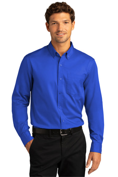 Port Authority Mens SuperPro Wrinkle Resistant React Long Sleeve Button Down Shirt w/ Pocket True Royal Blue Front