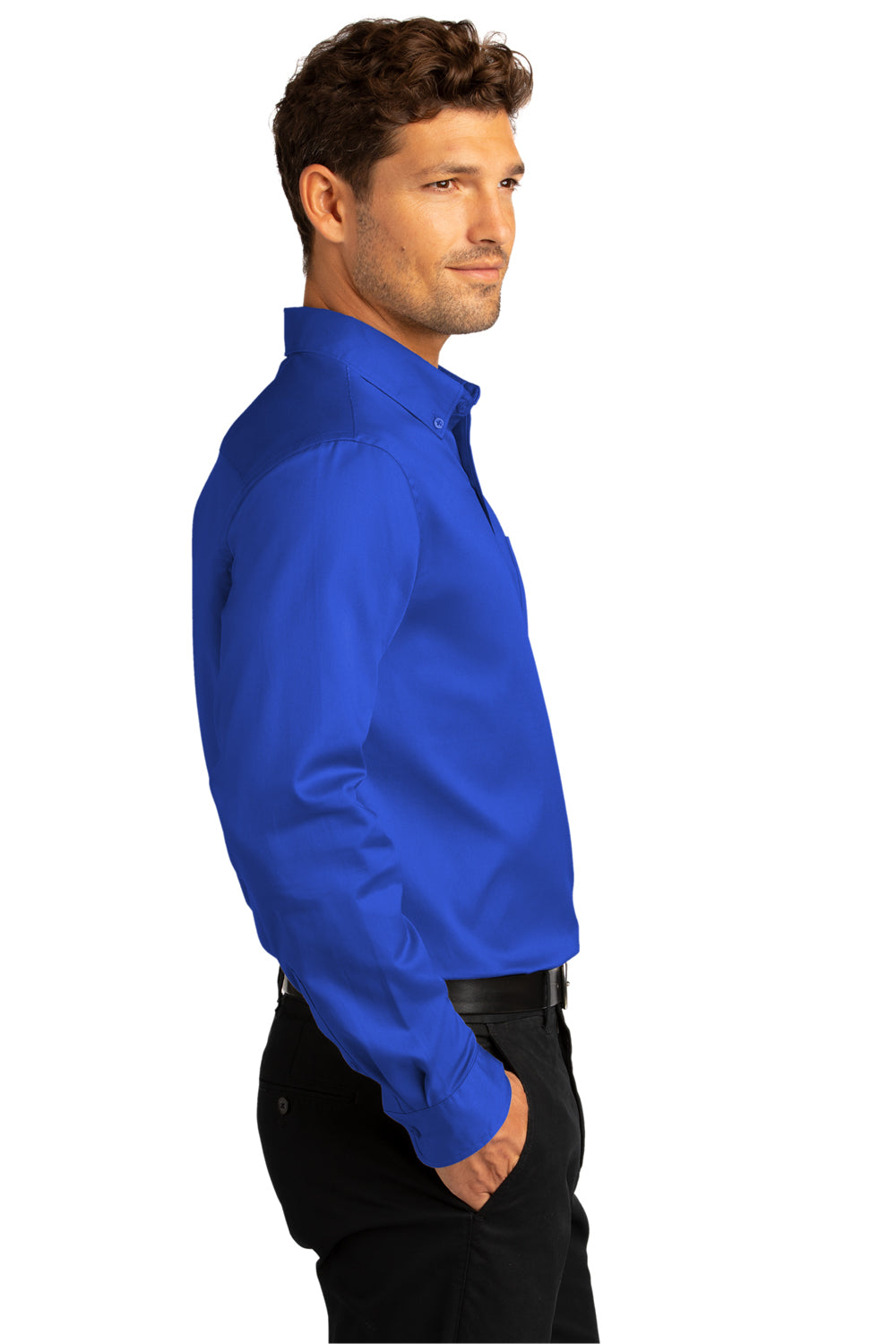 Port Authority Mens SuperPro Wrinkle Resistant React Long Sleeve Button Down Shirt w/ Pocket True Royal Blue Side