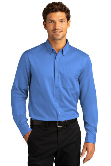 Port Authority Mens SuperPro Wrinkle Resistant React Long Sleeve Button Down Shirt w/ Pocket Ultramarine Blue Front