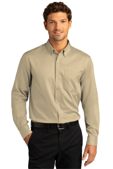 Port Authority Mens SuperPro Wrinkle Resistant React Long Sleeve Button Down Shirt w/ Pocket Wheat Front