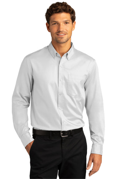 Port Authority Mens SuperPro Wrinkle Resistant React Long Sleeve Button Down Shirt w/ Pocket White Front