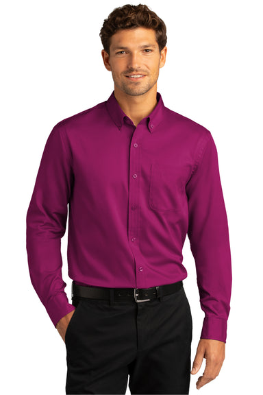 Port Authority Mens SuperPro Wrinkle Resistant React Long Sleeve Button Down Shirt w/ Pocket Wild Berry Front