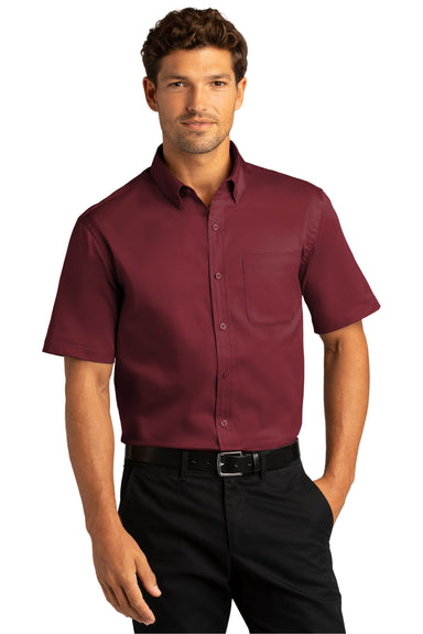 Port Authority Mens SuperPro React Short Sleeve Button Down Shirt w/ Pocket Burgundy Front