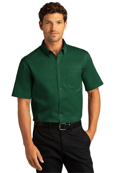 Port Authority Mens SuperPro React Short Sleeve Button Down Shirt w/ Pocket Dark Green Front