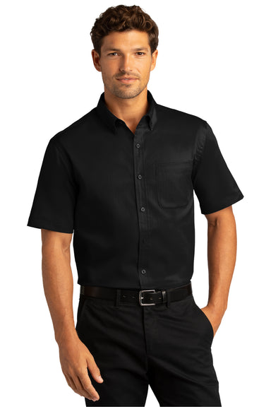 Port Authority Mens SuperPro React Short Sleeve Button Down Shirt w/ Pocket Deep Black Front
