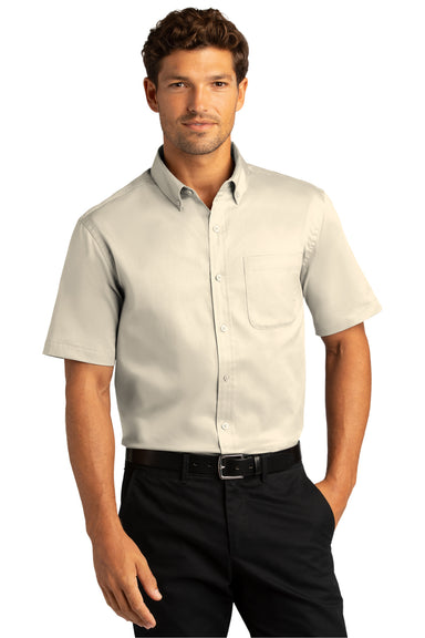 Port Authority Mens SuperPro React Short Sleeve Button Down Shirt w/ Pocket Ecru Front