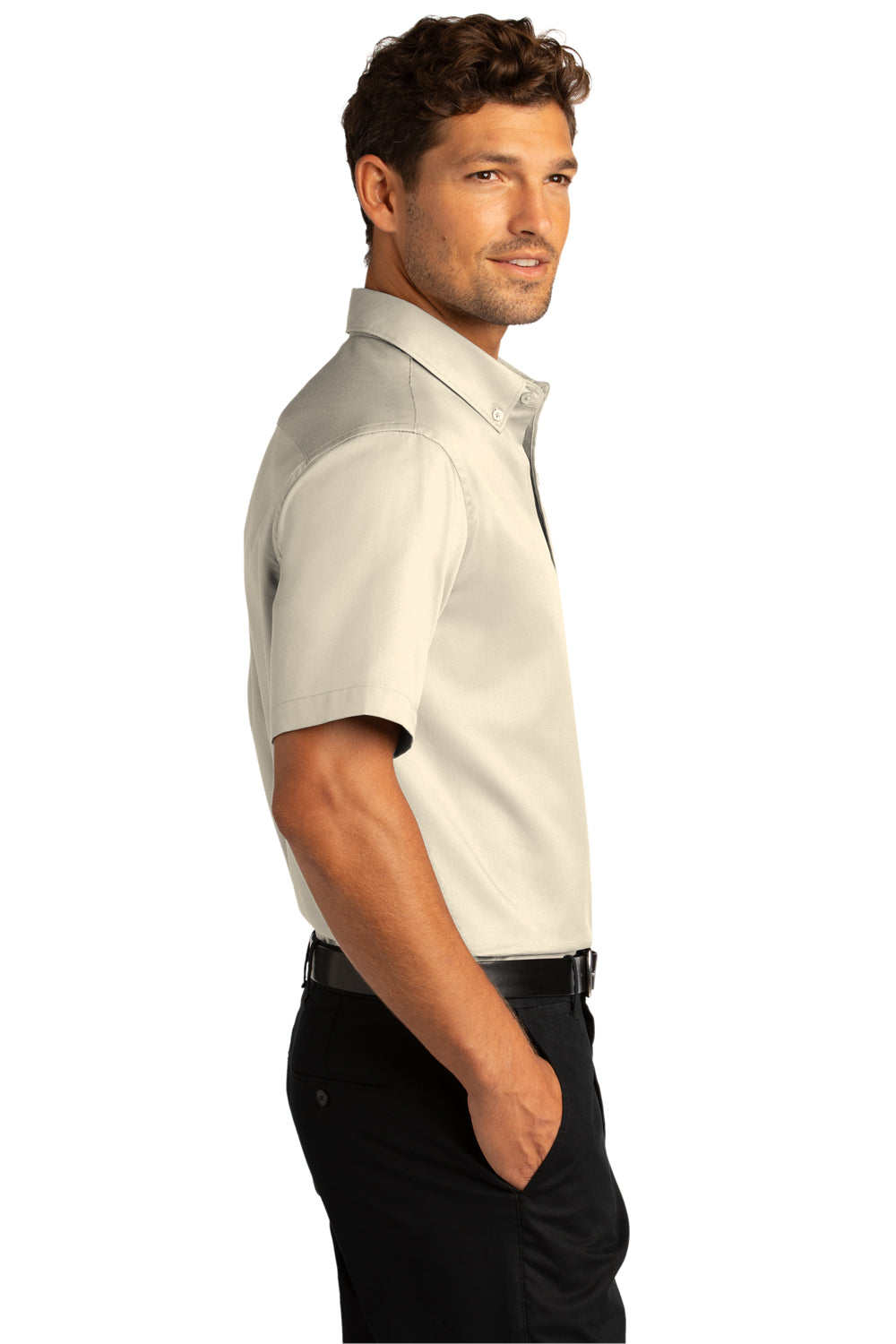 Port Authority Mens SuperPro React Short Sleeve Button Down Shirt w/ Pocket Ecru Side