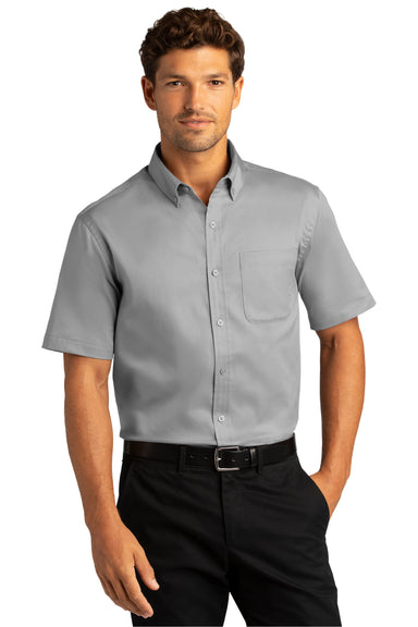 Port Authority Mens SuperPro React Short Sleeve Button Down Shirt w/ Pocket Gusty Grey Front