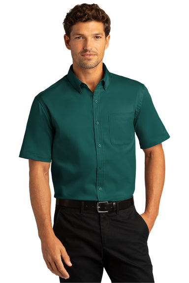 Port Authority Mens SuperPro React Short Sleeve Button Down Shirt w/ Pocket Marine Green Front
