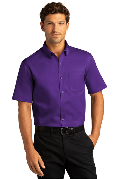 Port Authority Mens SuperPro React Short Sleeve Button Down Shirt w/ Pocket Purple Front
