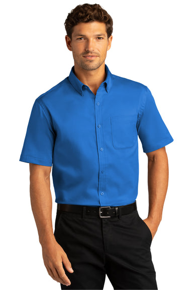 Port Authority Mens SuperPro React Short Sleeve Button Down Shirt w/ Pocket Strong Blue Front