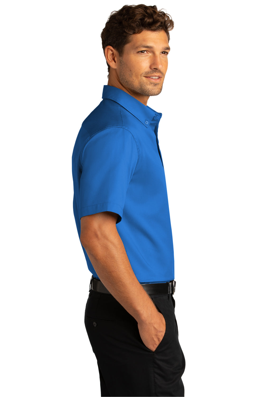 Port Authority Mens SuperPro React Short Sleeve Button Down Shirt w/ Pocket Strong Blue Side