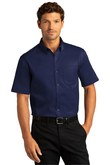 Port Authority Mens SuperPro React Short Sleeve Button Down Shirt w/ Pocket True Navy Blue Front