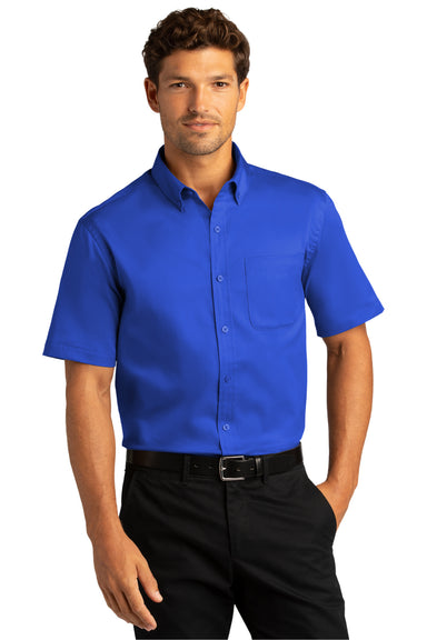 Port Authority Mens SuperPro React Short Sleeve Button Down Shirt w/ Pocket True Royal Blue Front