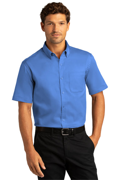 Port Authority Mens SuperPro React Short Sleeve Button Down Shirt w/ Pocket Ultramarine Blue Front