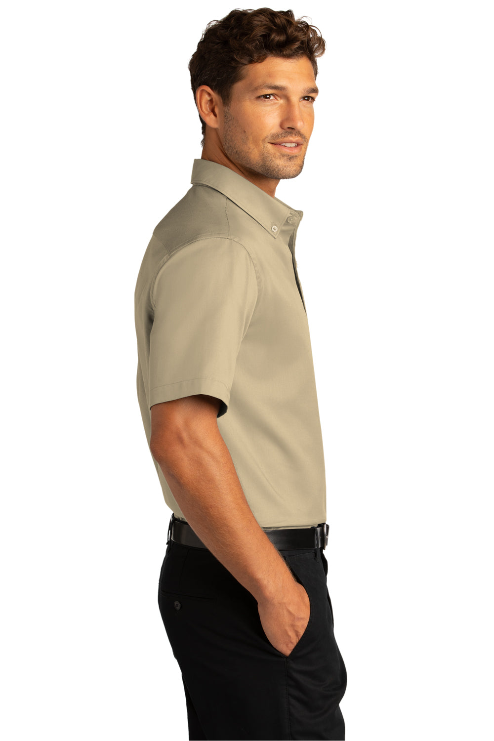Port Authority Mens SuperPro React Short Sleeve Button Down Shirt w/ Pocket Wheat Side