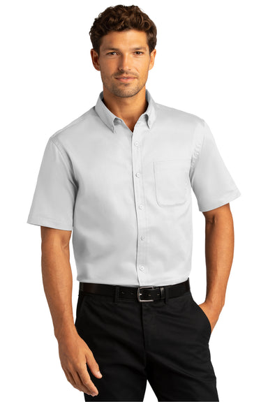 Port Authority Mens SuperPro React Short Sleeve Button Down Shirt w/ Pocket White Front