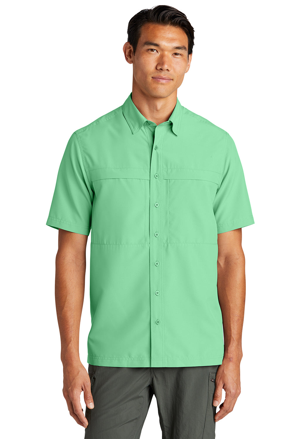 Port Authority W961 Mens Daybreak Moisture Wicking Short Sleeve Button Down Shirt w/ Double Pockets Bright Seafoam Green Front