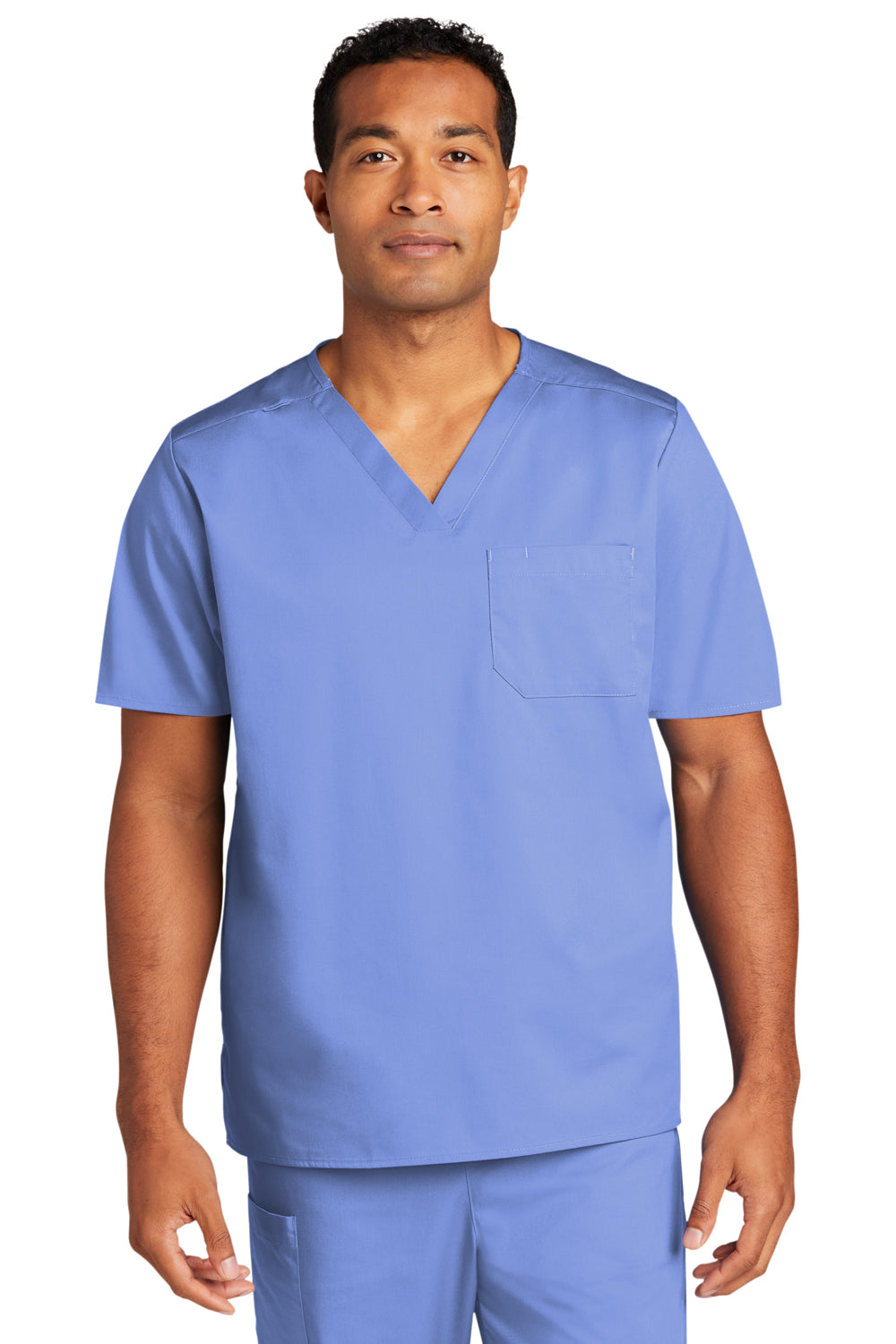 Wonderwink WW3160 WorkFlex Short Sleeve V-Neck Shirt w/ Pocket Ceil Blue Front