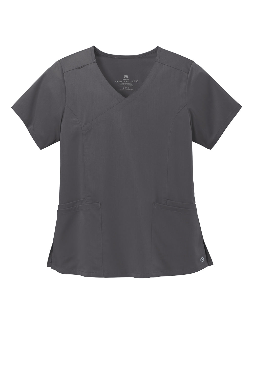 Wonderwink WW4268 Premiere Flex Short Sleeve V-Neck Mock Wrap Shirt Pewter Grey Flat Front
