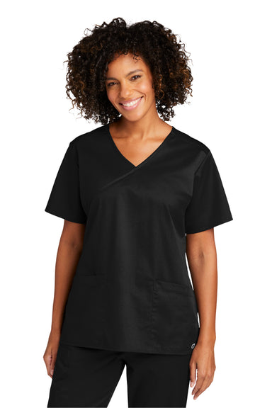 Wonderwink WW4760 WorkFlex Short Sleeve V-Neck Mock Wrap Shirt Black Front