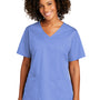 Wonderwink Womens WorkFlex Short Sleeve V-Neck Mock Wrap Shirt w/ Pockets - Ceil Blue