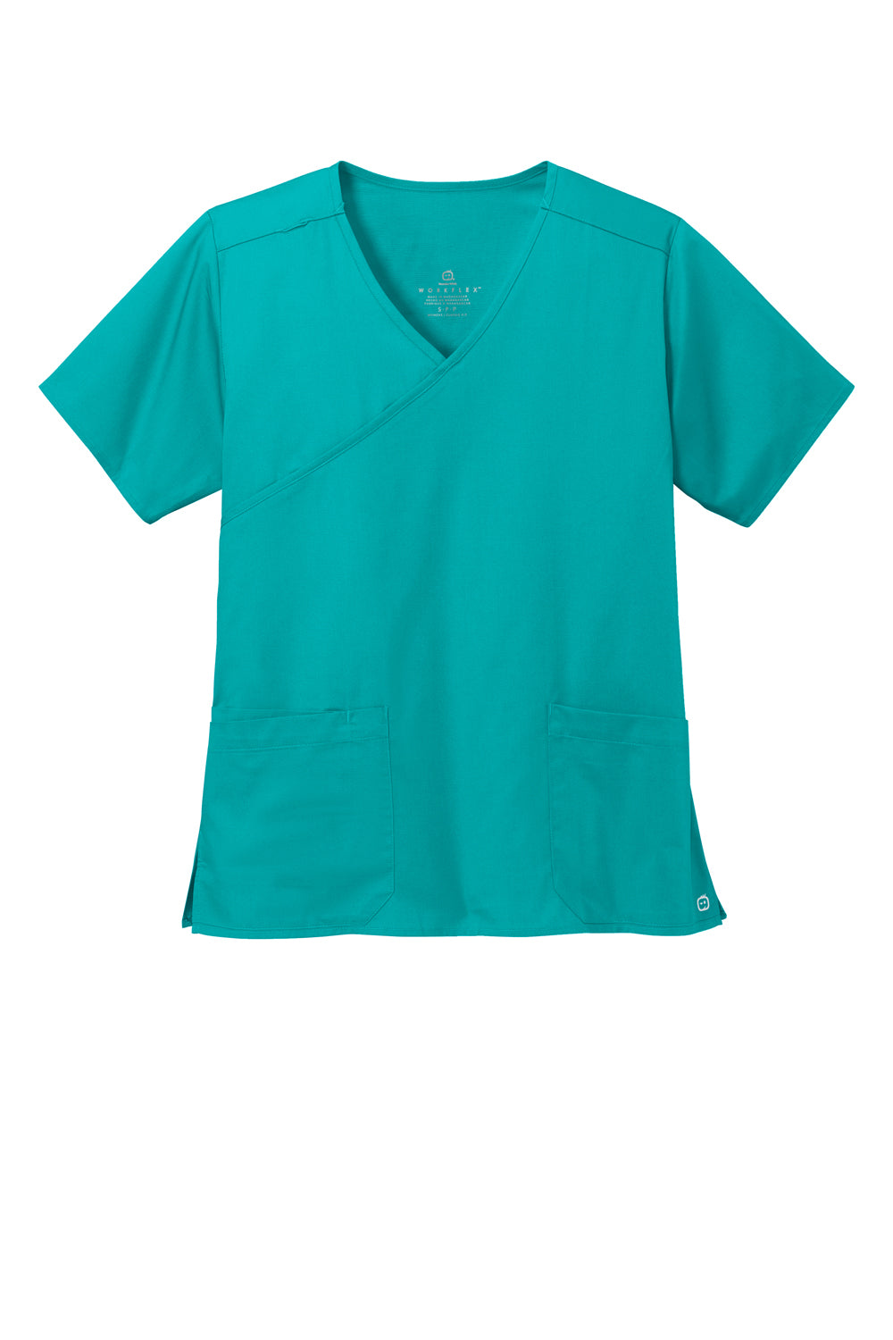 Wonderwink WW4760 WorkFlex Short Sleeve V-Neck Mock Wrap Shirt Teal Blue Flat Front