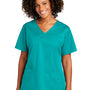 Wonderwink Womens WorkFlex Short Sleeve V-Neck Mock Wrap Shirt w/ Pockets - Teal Blue
