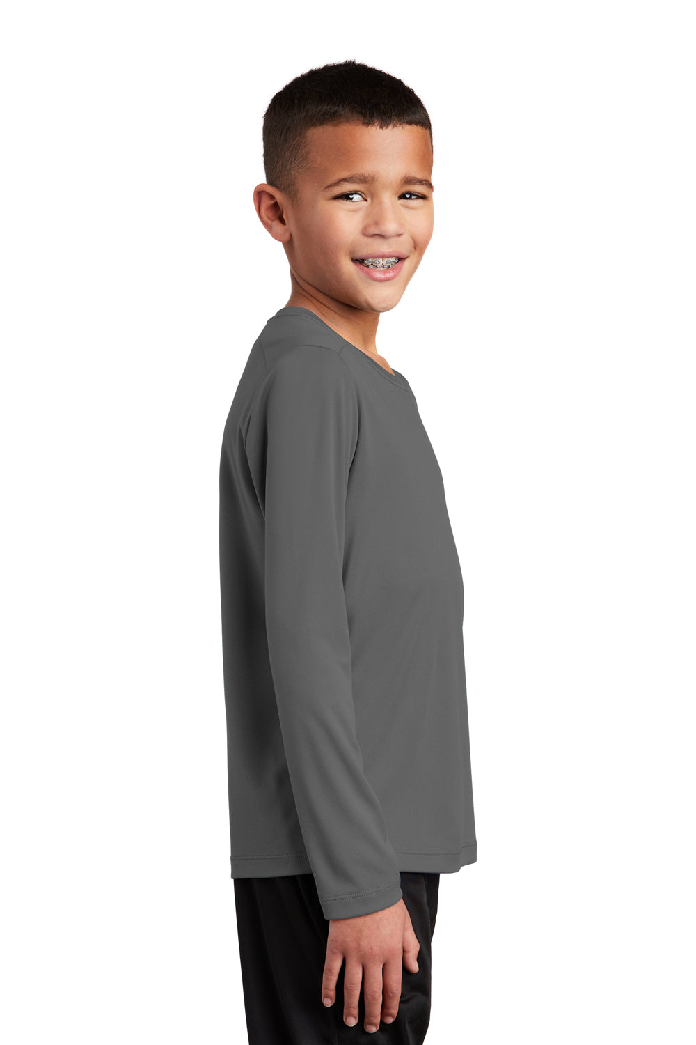 Sport-Tek Youth Long Sleeve Crewneck T-Shirt Dark Smoke Grey Side