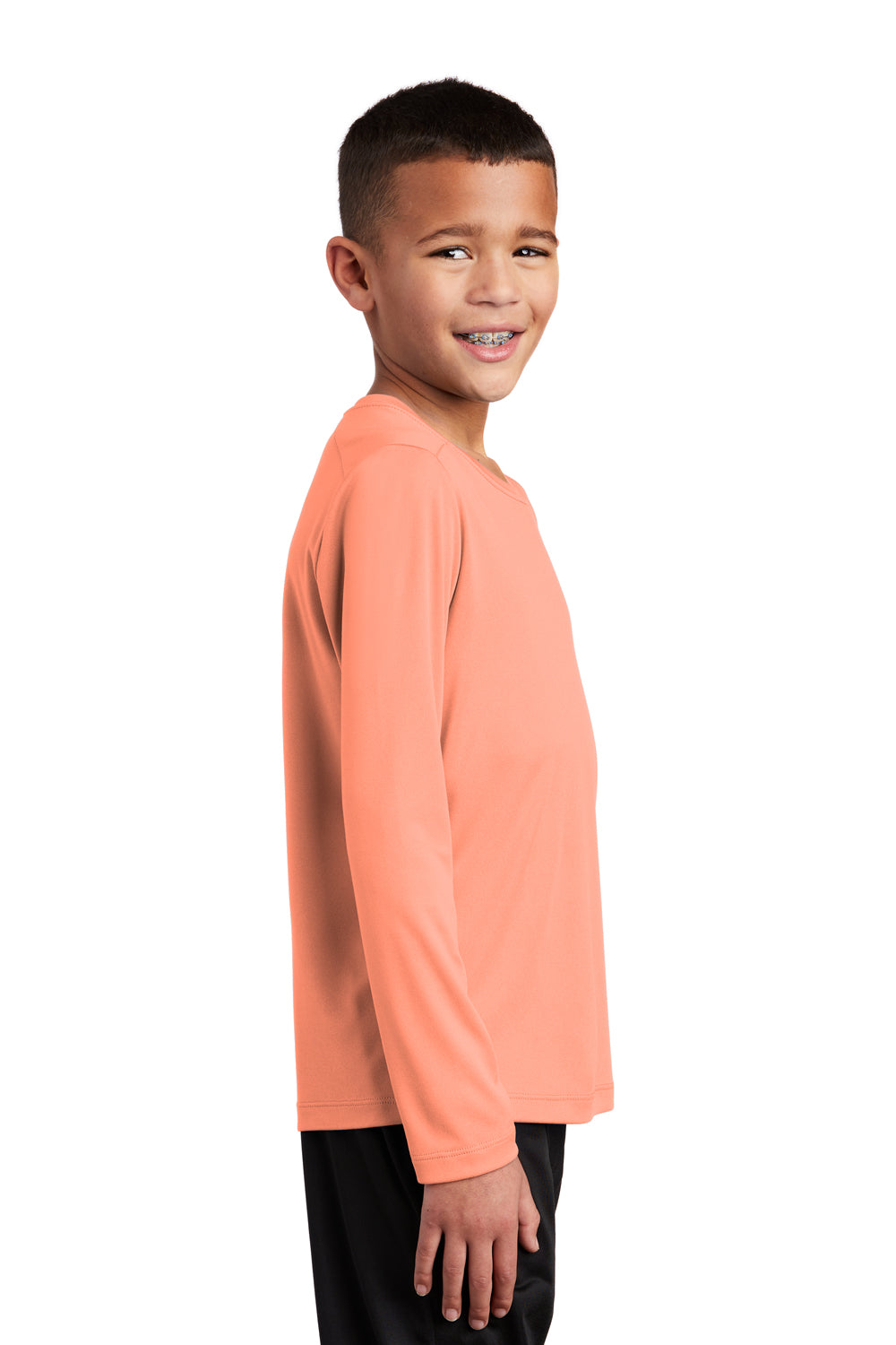 Sport-Tek Youth Long Sleeve Crewneck T-Shirt Soft Coral Orange Side