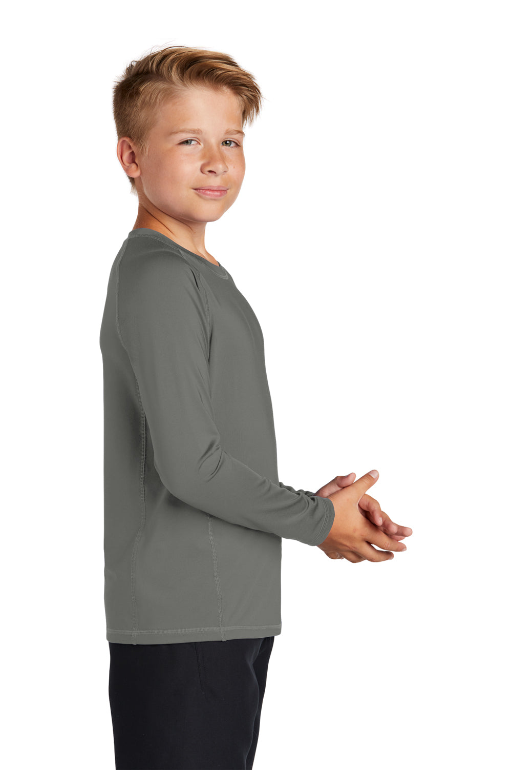 Sport-Tek Youth Rashguard Long Sleeve Crewneck T-Shirt Dark Smoke Grey Side