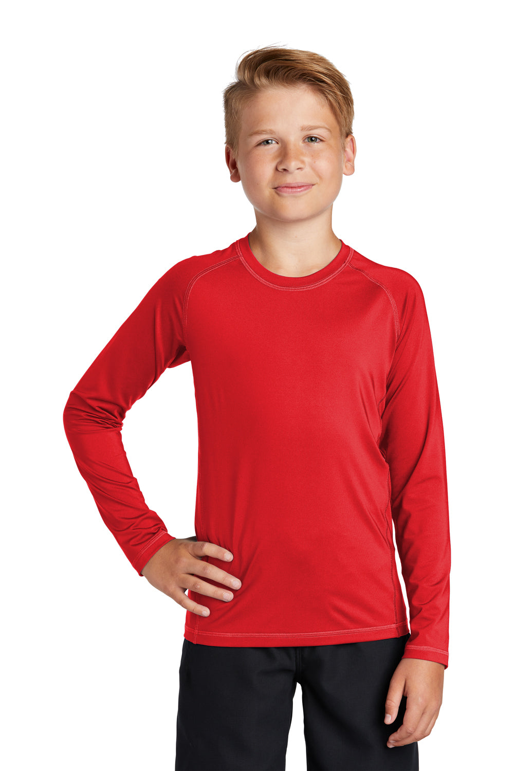 Sport-Tek Youth Rashguard Long Sleeve Crewneck T-Shirt True Red Front