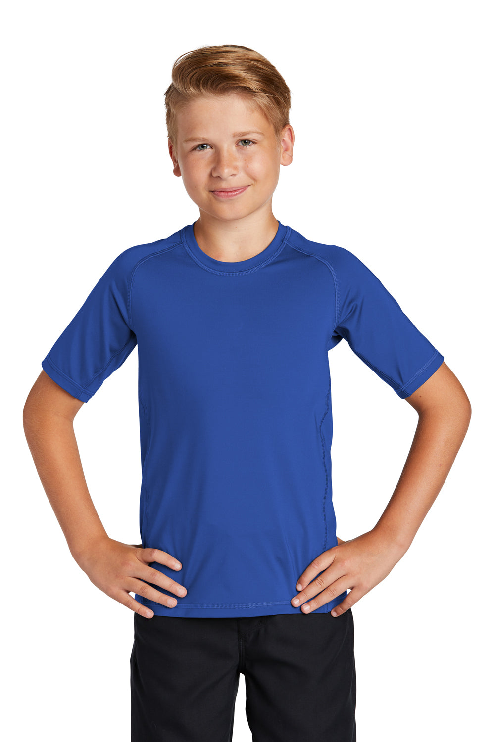Sport-Tek Youth Rashguard Short Sleeve Crewneck T-Shirt True Royal Blue Front