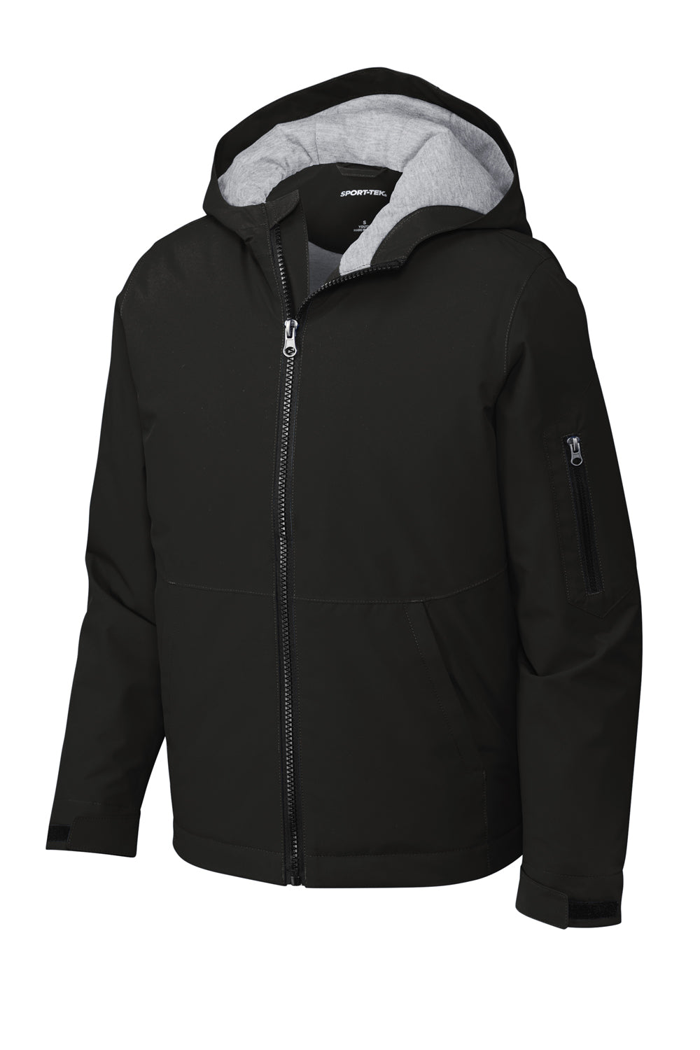 Sport-Tek YST56 Waterproof Insulated Full Zip Hooded Jacket Black Flat Front