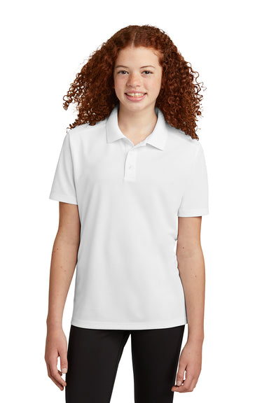 Sport-Tek YST740 Youth UV Micropique Short Sleeve Polo Shirt White Front