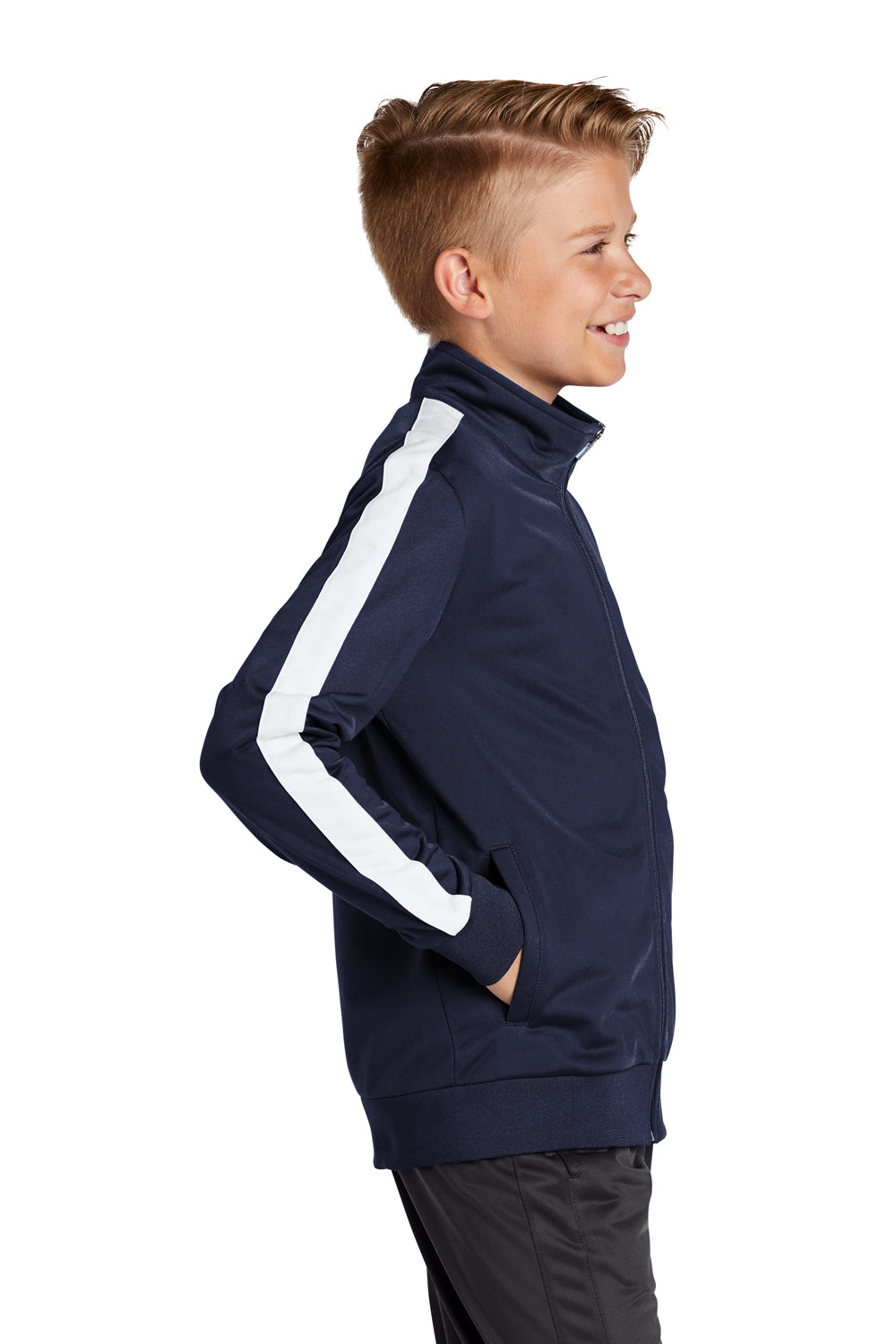 Sport-Tek Youth Full Zip Track Jacket True Navy Blue/White Side