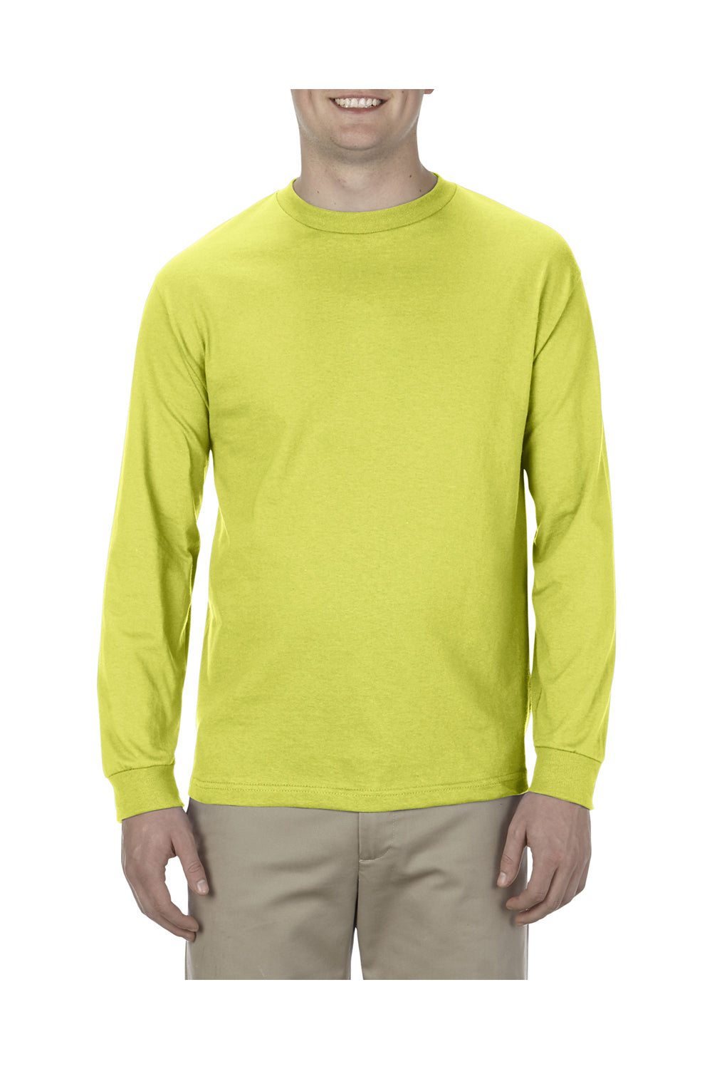 Alstyle AL1304 Mens Long Sleeve Crewneck T-Shirt Safety Green Front