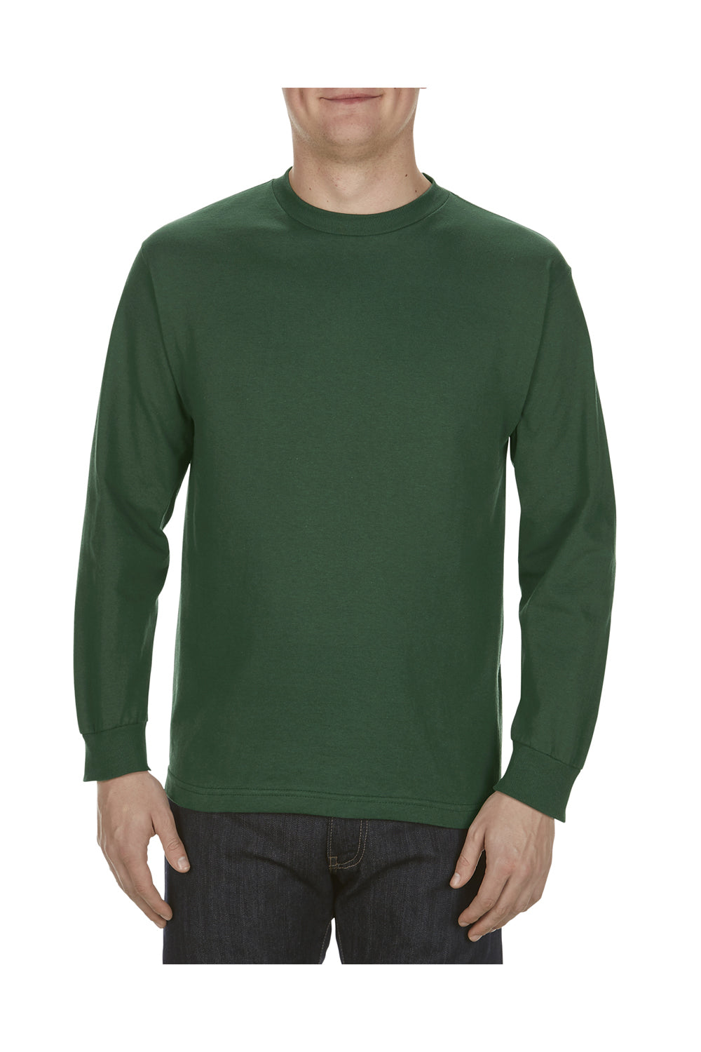 Alstyle AL1304 Mens Long Sleeve Crewneck T-Shirt Forest Green Front
