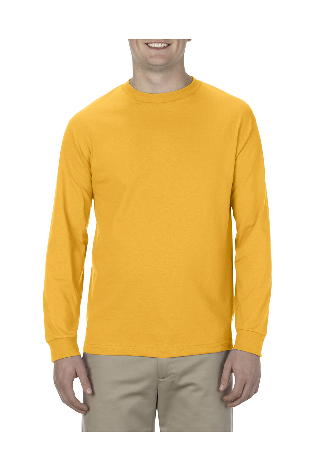 Alstyle AL1304 Mens Long Sleeve Crewneck T-Shirt Gold Front
