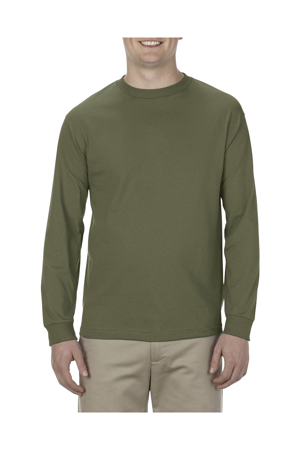 Alstyle AL1304 Mens Long Sleeve Crewneck T-Shirt Military Green Front
